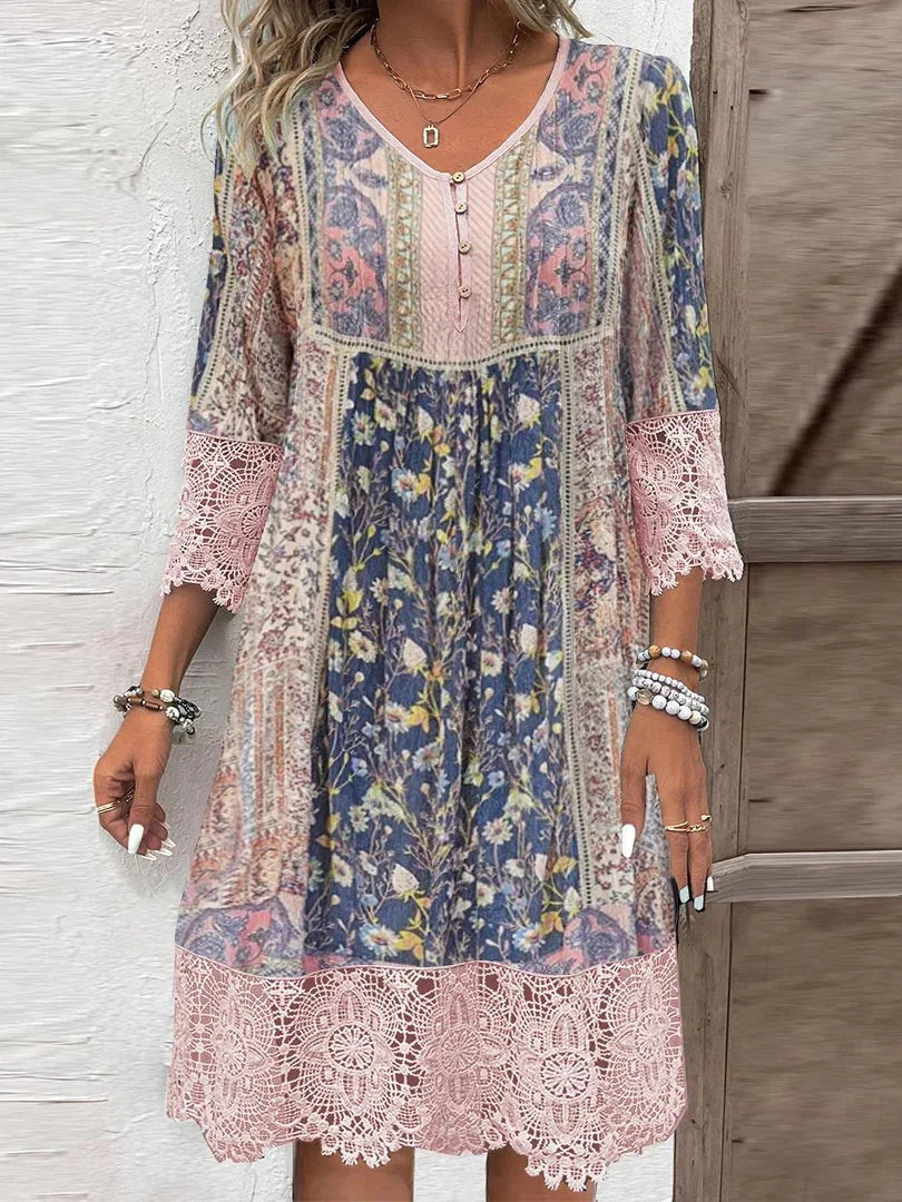 Maya Floral Patchwork V-Neck Midi Dress with Lace Trim for Women