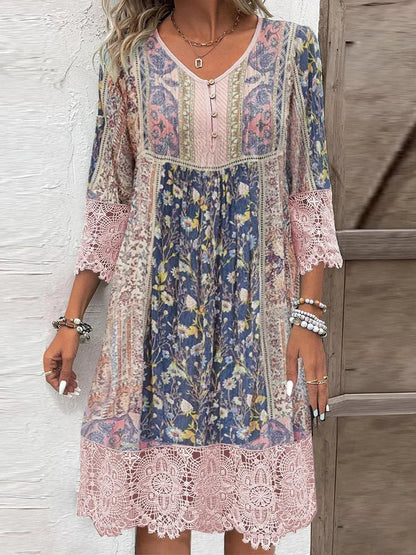 Maya Floral Patchwork V-Neck Midi Dress with Lace Trim for Women