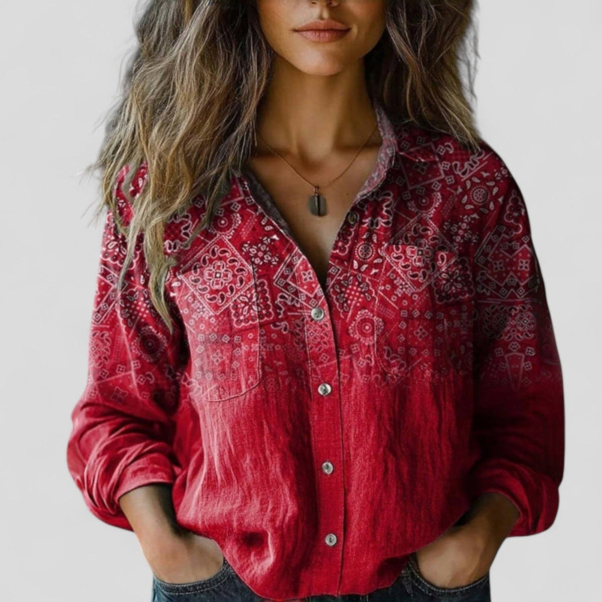 Floral Linen Button-Up Shirt with Chest Pockets and Long Sleeves