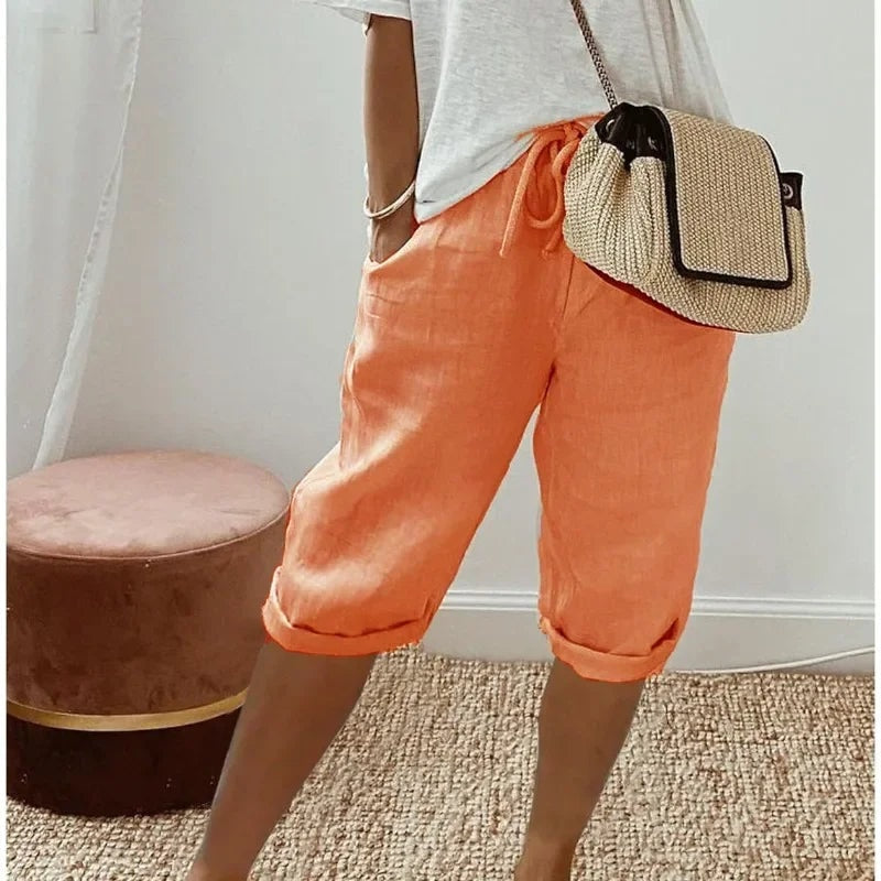 Heidi Linen Drawstring Tailored Shorts for Women with Elastic Waist