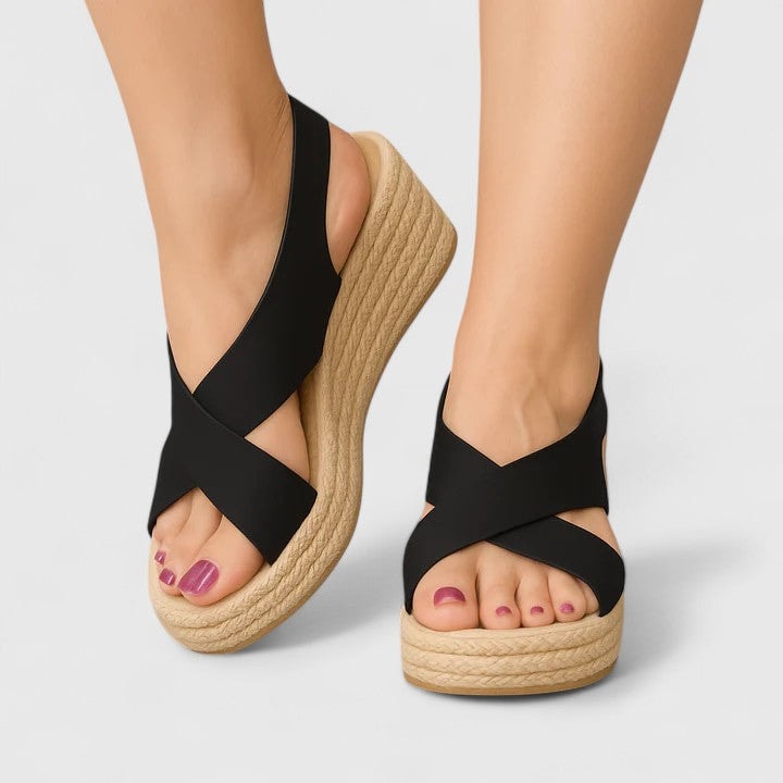 Women's Cushioned Wedge Sandals with Cross-Over Straps and Slingback