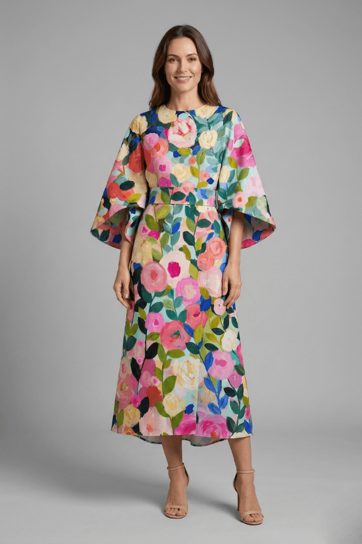 Floral Print Round Neck Women's Midi Dress with Wide Bell Sleeves
