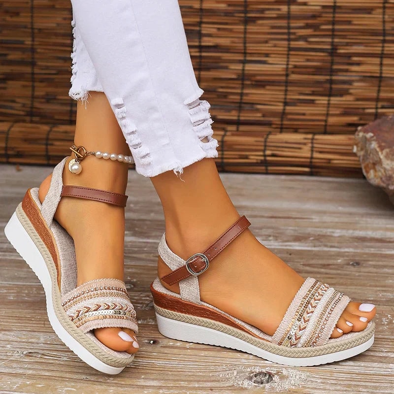 Barbara Striped Textile Wedge Sandals with Cushioned Footbed for Women