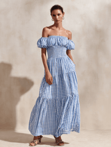Gingham Off-the-Shoulder Maxi Dress with Puff Sleeves and Tiered Skirt