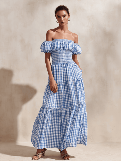 Gingham Off-the-Shoulder Maxi Dress with Puff Sleeves and Tiered Skirt