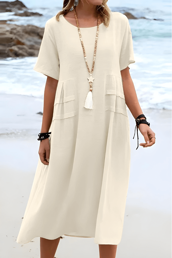 Relaxed Summer Midi Dress in Cotton Linen Blend with Short Sleeves and Front Pockets