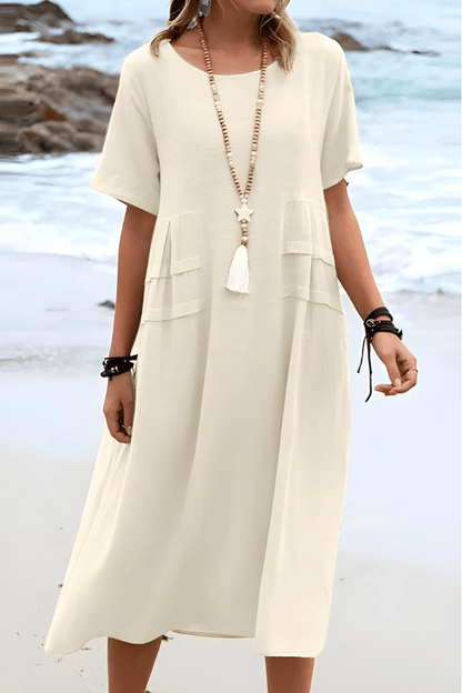 Relaxed Summer Midi Dress in Cotton Linen Blend with Short Sleeves and Front Pockets
