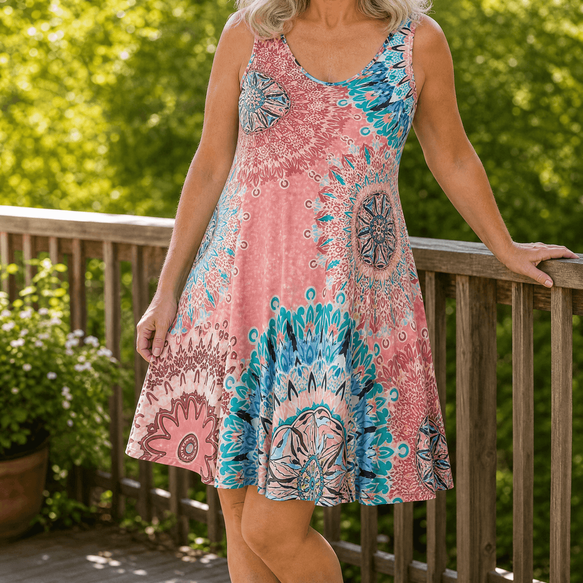 Women's Sleeveless A-Line Mandala Print Summer Dress with Scoop Neck