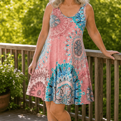 Women's Sleeveless A-Line Mandala Print Summer Dress with Scoop Neck