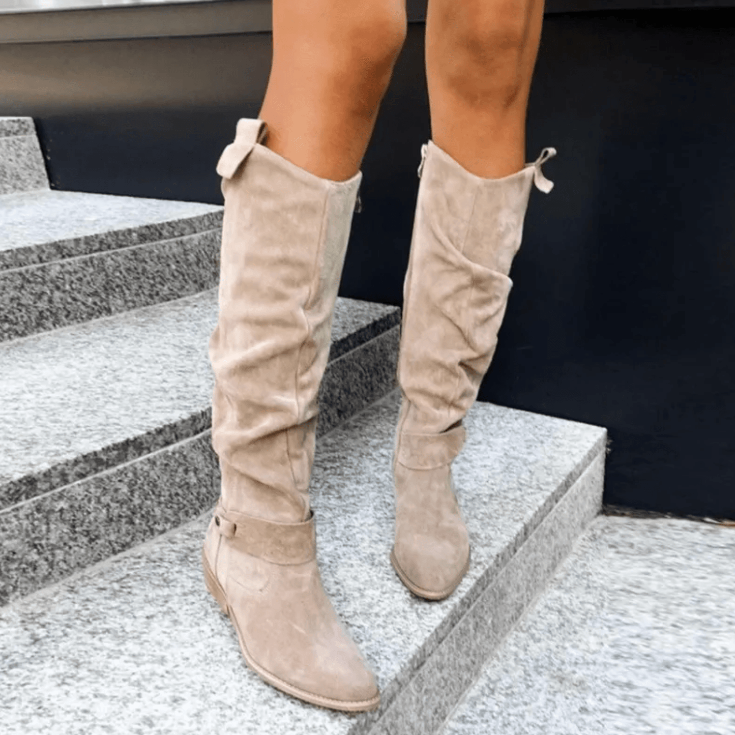 Suede Knee High Slouch Boots with Low Heel and Zipper Closure