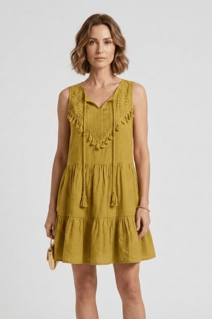 Women's Sleeveless Mini Summer Dress with Tassel Tie V-Neck and Tiered Skirt