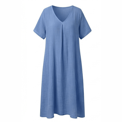 Women's Cotton Linen V-Neck Midi Summer Dress with Short Sleeves