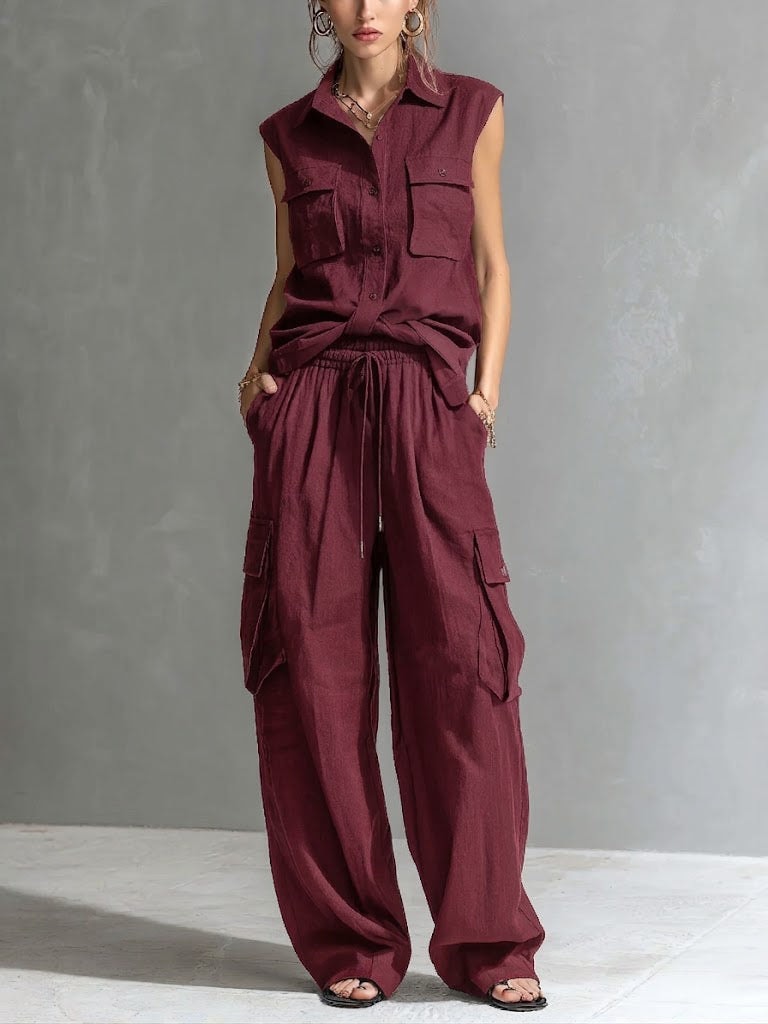 Velmira Linen Two-Piece Co-Ord Set with Sleeveless Shirt and Cargo Pants
