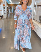 Alira Paisley Floral V-Neck Maxi Dress with Tie Waist for Women