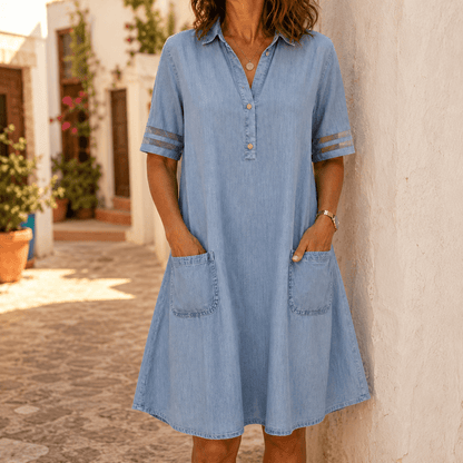 Women's Denim Shirt-Collar A-Line Midi Dress with Front Pockets