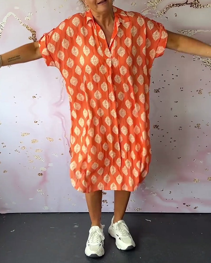 Eleanora Loose Printed Short-Sleeve Midi Shirt Dress with Lapel Collar