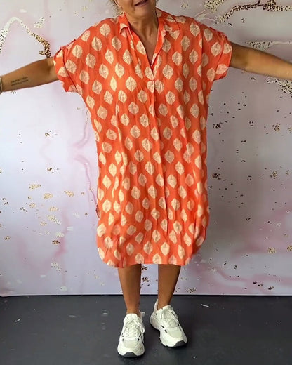 Eleanora Loose Printed Short-Sleeve Midi Shirt Dress with Lapel Collar