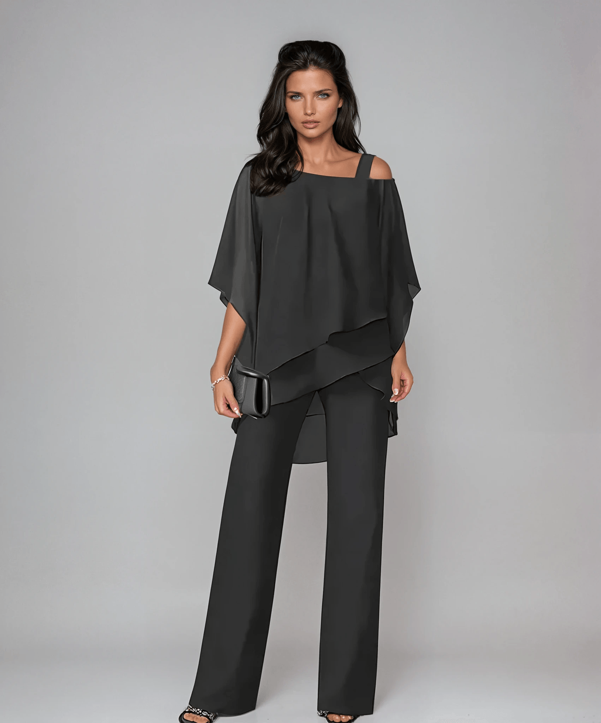 Women's Matching Two-Piece Set with Asymmetric Layered Top and Wide-Leg Pants