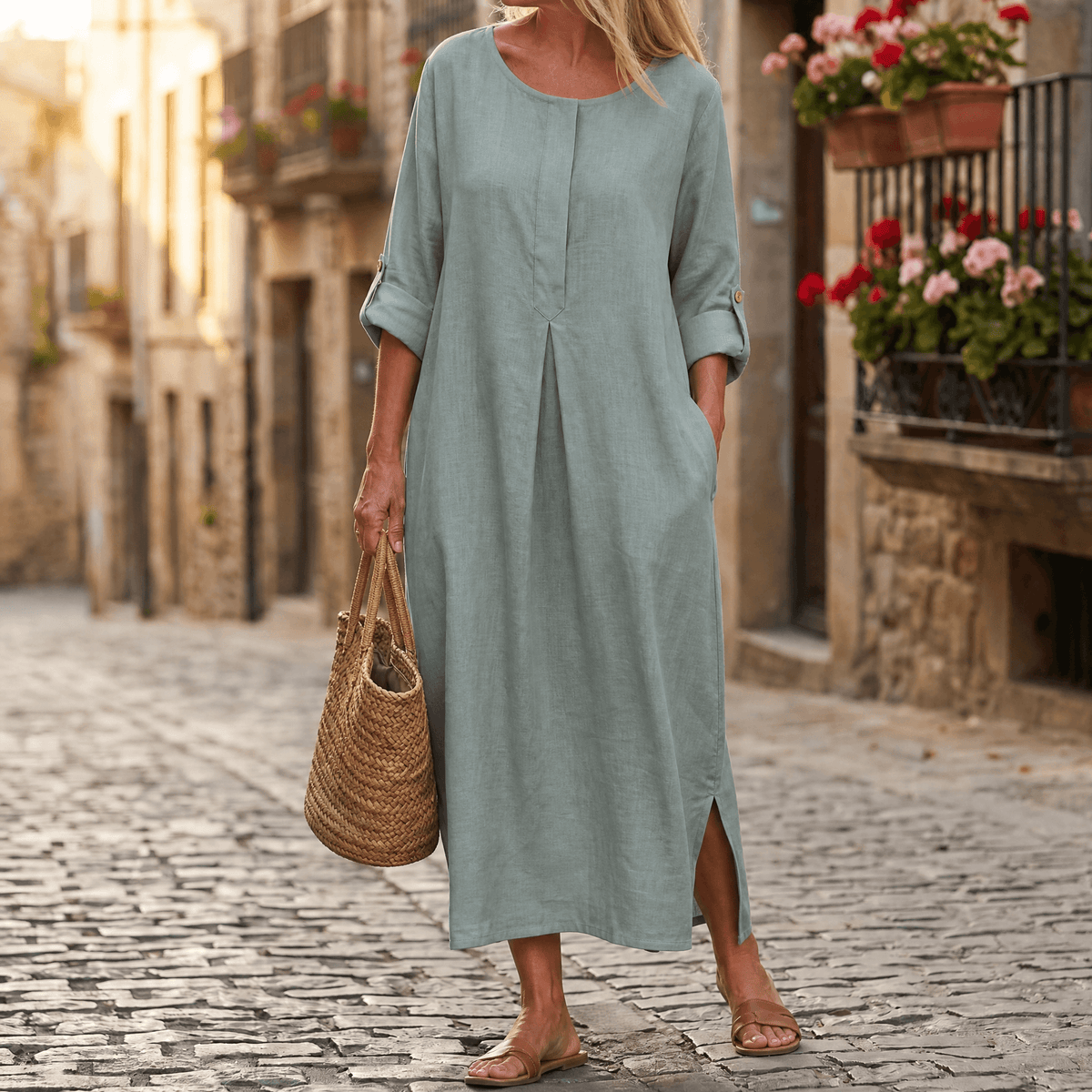 Women's Linen Summer Midi Dress with Roll-Up Sleeves and Side Pockets
