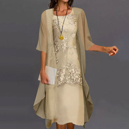 Women's Floral Lace Occasion Dress with Chiffon Duster Jacket Set