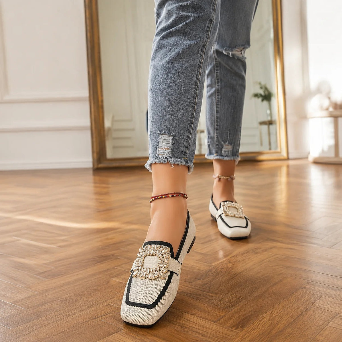 Crystal Buckle Square-Toe Knit Loafer Flats for Women