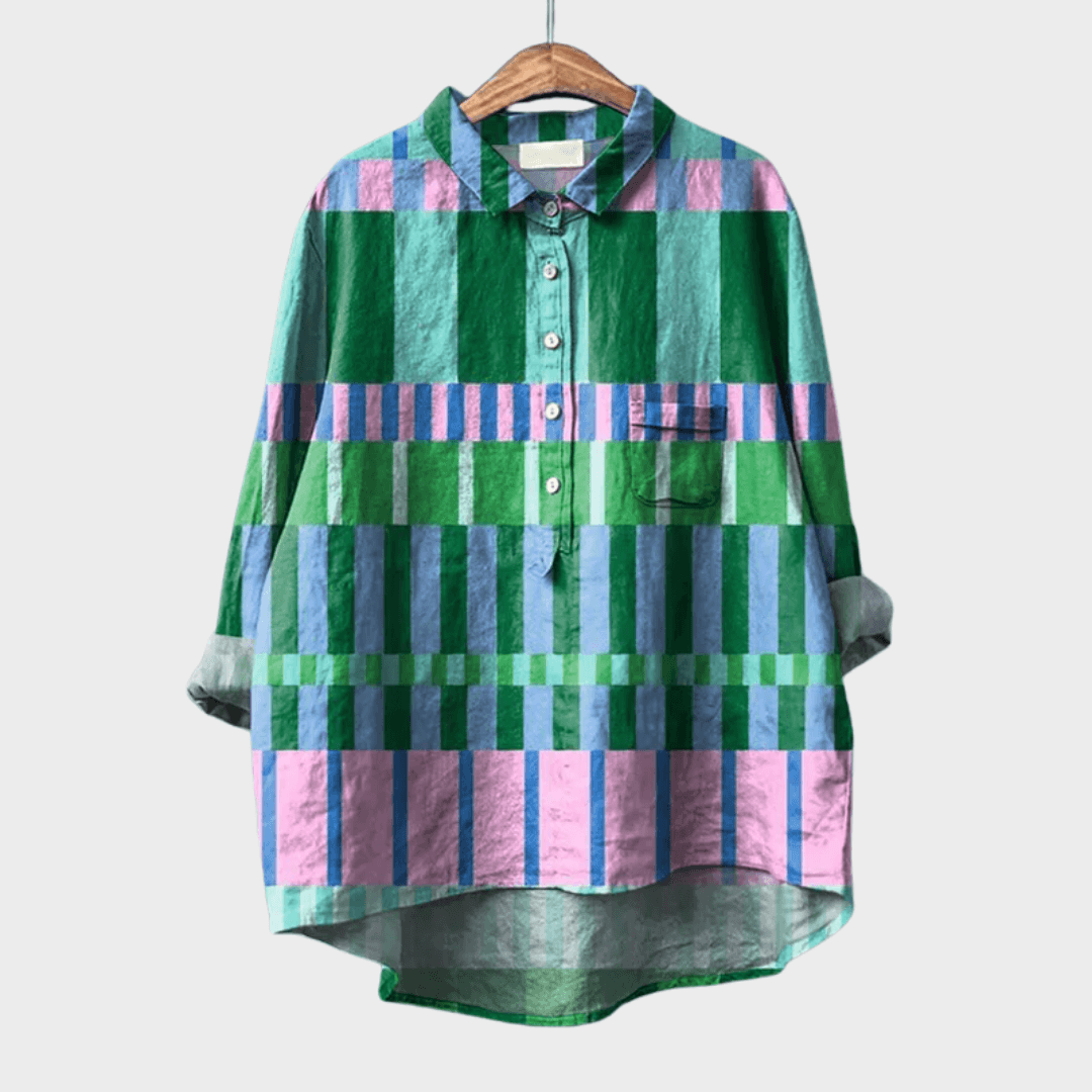 Amber Relaxed Striped Linen Blouse with Long Sleeves and Chest Pocket