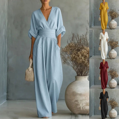 Sophia Merriweather Wide-Leg Linen Jumpsuit with Wrap Waist Tie