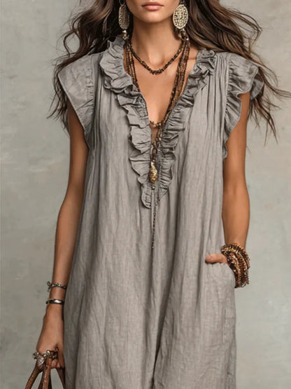 Caldora Maxi Dress in Summer Linen with Ruffle V-Neck and Side Pockets