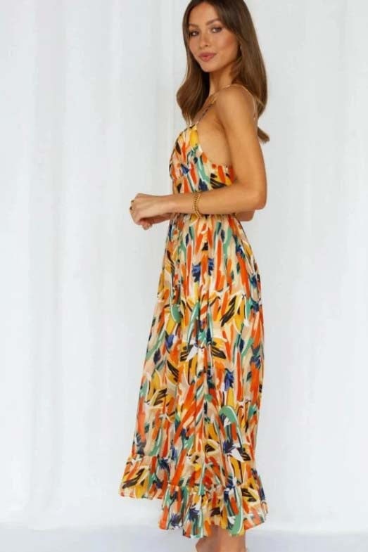 Sara Woven Midi Summer Dress with Abstract Floral Print and Tie Waist