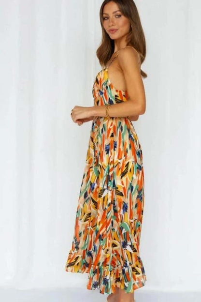 Sara Woven Midi Summer Dress with Abstract Floral Print and Tie Waist