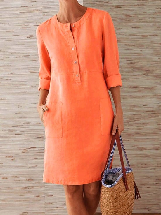 Jolie Button Placket Women's Midi Dress with Roll-Cuff Sleeves