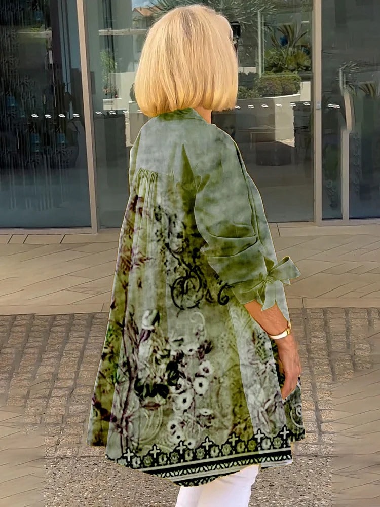 Women's Floral Print Longline Button-Up Blouse with Long Sleeves