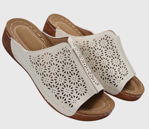 Natalia Floral Cutout Slip-On Wedge Sandals with Open Toe and Platform Sole