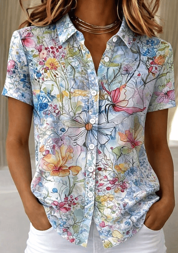 Collared Floral Print Short Sleeve Button-Up Top for Summer