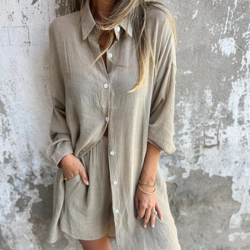 Sasha Two-Piece Matching Linen Shirt and Shorts Set with Long Sleeves