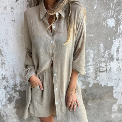 Sasha Two-Piece Matching Linen Shirt and Shorts Set with Long Sleeves