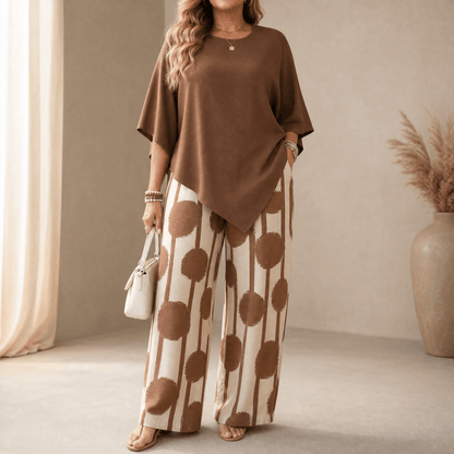 Women's Matching Two-Piece Set with Asymmetric Hem Top and Printed Wide-Leg Pants