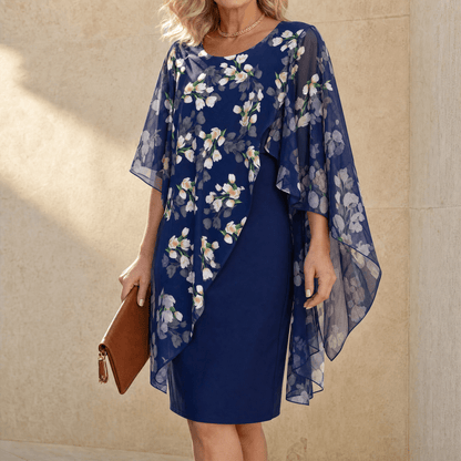 Florevia Floral Chiffon Cape Overlay Women's Midi Dress