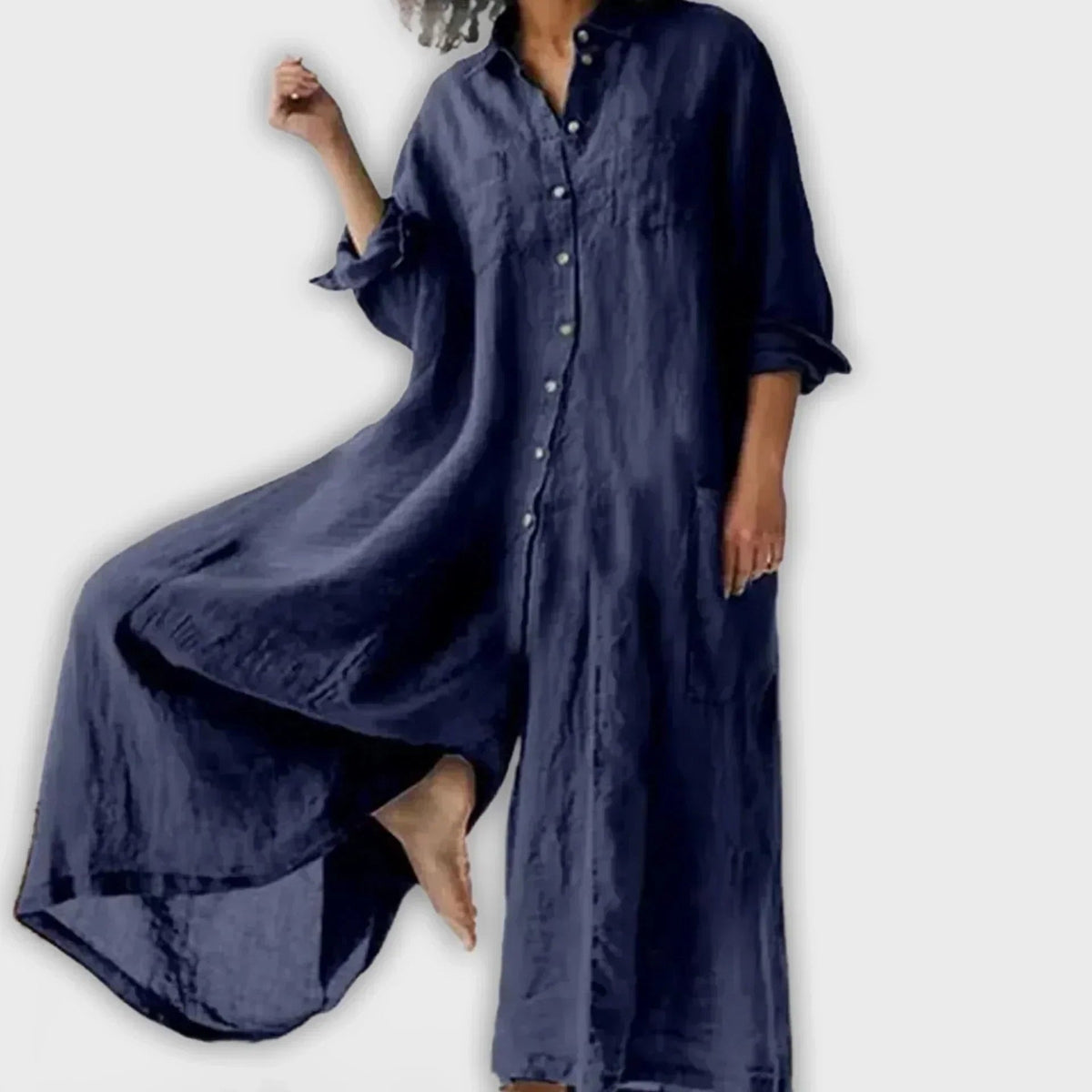 Cecilia Relaxed Button-Down Maxi Dress with Long Sleeves and Patch Pockets
