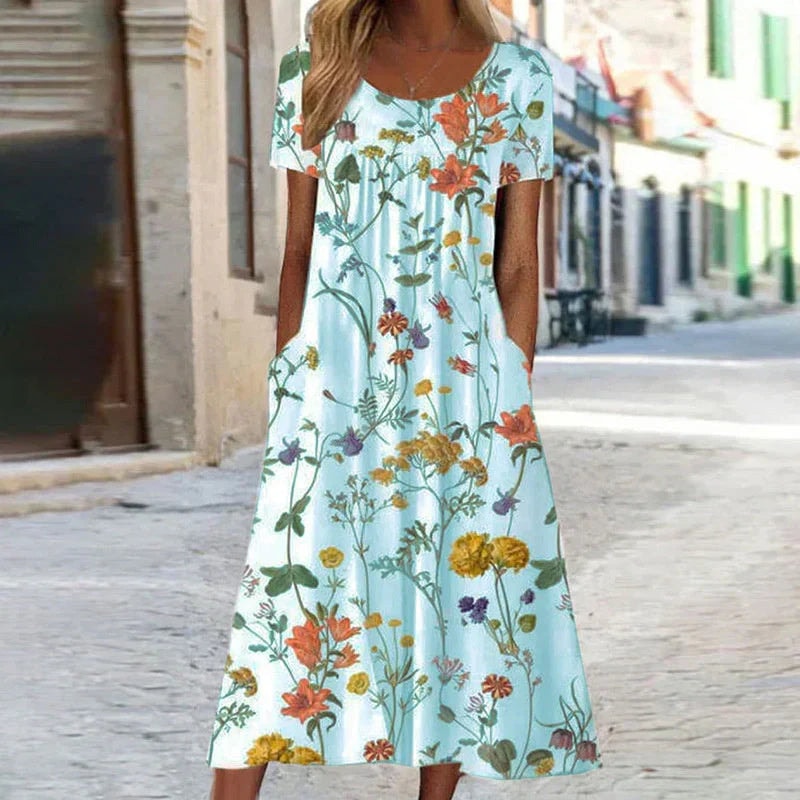 Harper Floral Print Short Sleeve A-Line Women's Midi Dress with Pockets