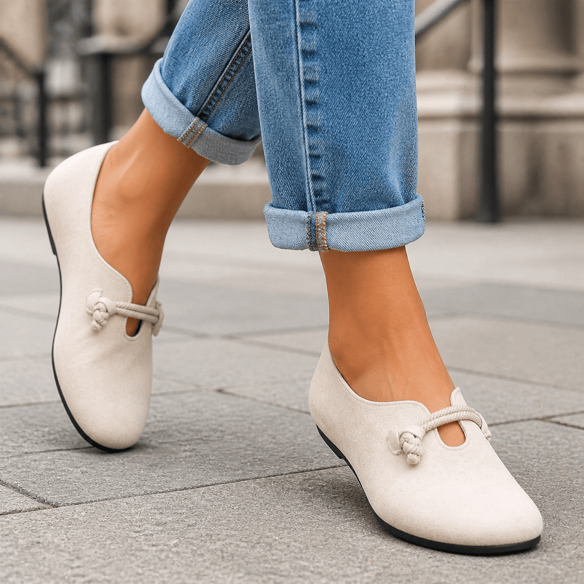 Sollea Suede Slip-On Flats with Cushioned Sole and Rope Bow