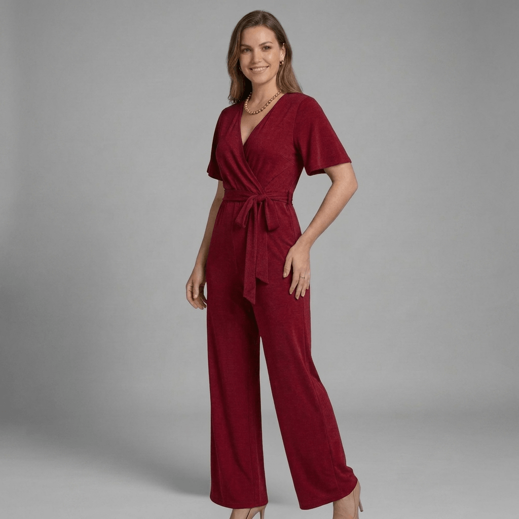 Liora Wrap Front V-Neck Wide-Leg Jumpsuit with Short Sleeves and Waist Tie
