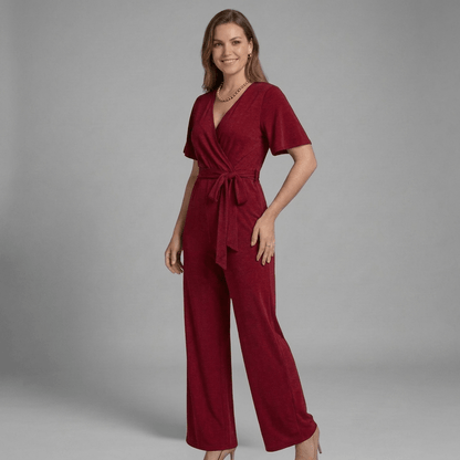 Liora Wrap Front V-Neck Wide-Leg Jumpsuit with Short Sleeves and Waist Tie