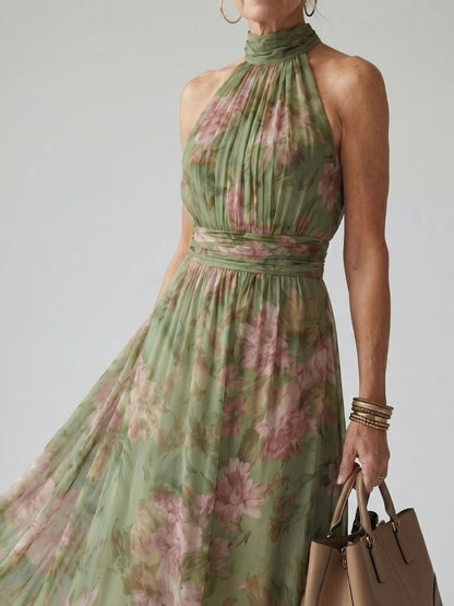 Floral Halter-Neck Summer Maxi Dress with Cinched Waist for Women