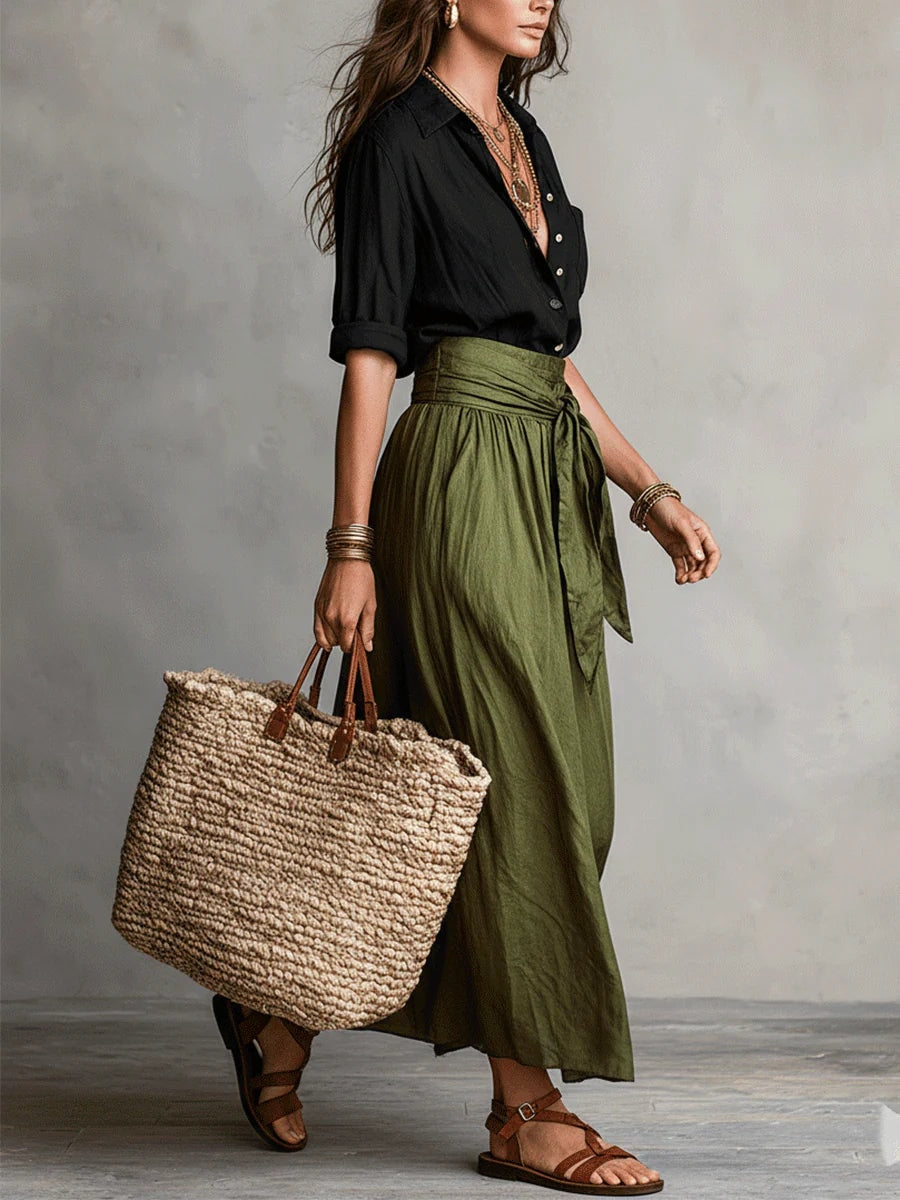 Women's Belted Two-Piece Shirt and Midi Skirt Set