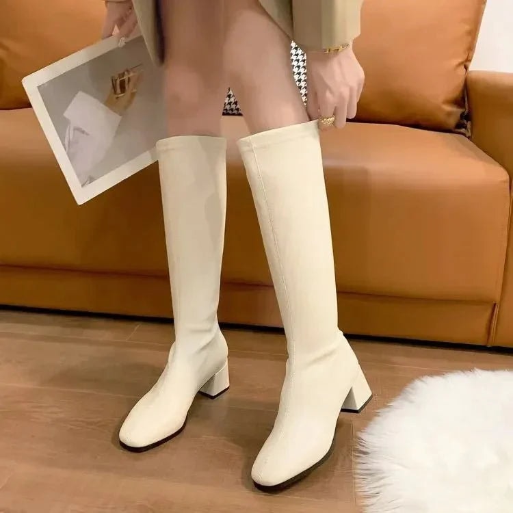 Elena Whitmore | Women's Knee-High Block Heel Work Boots in Synthetic Leather