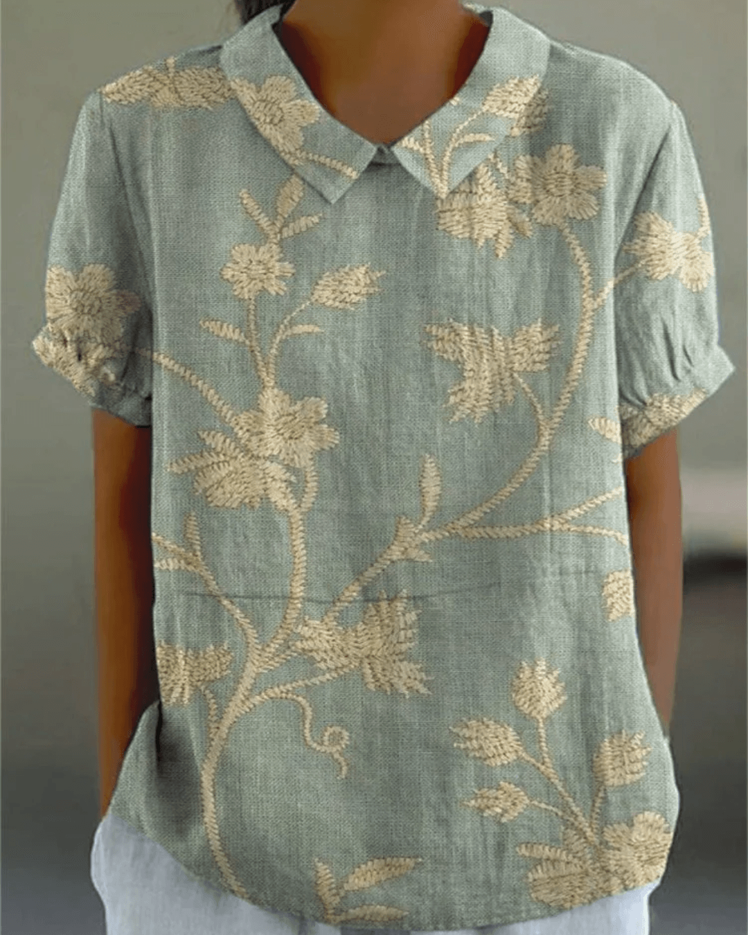 Beatrix Collared Cotton-Linen Blouse with Short Sleeves for Women