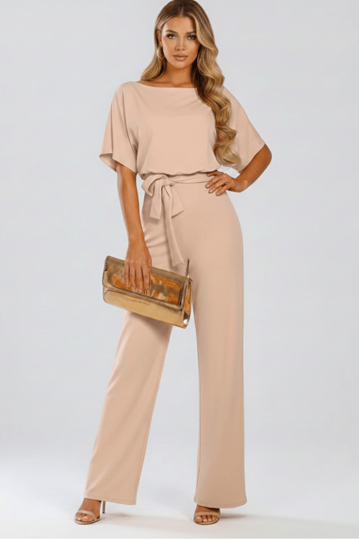Women's Wide-Leg Linen Jumpsuit with Tie Waist and Belt Detail