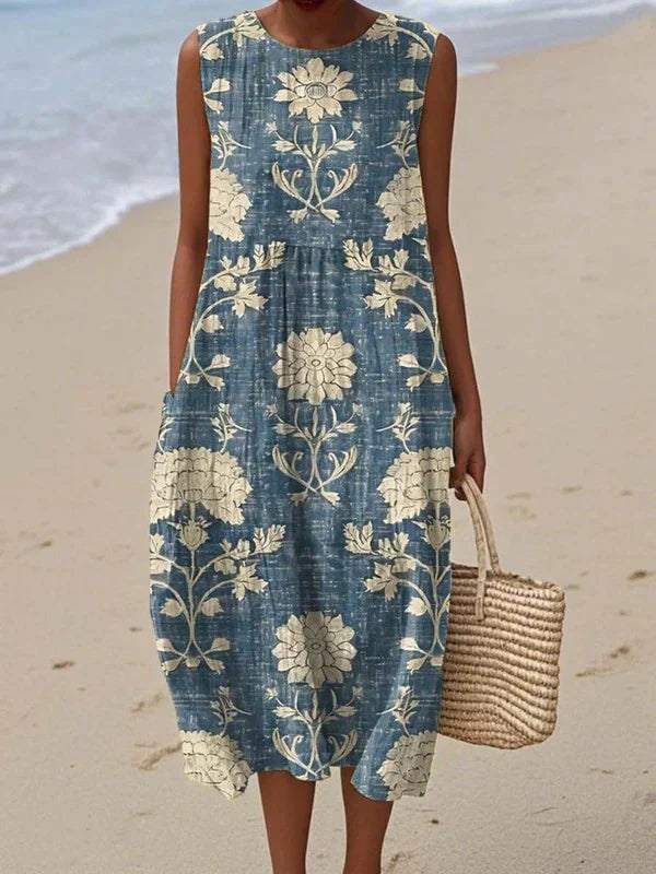 Women's Boho Patchwork Sleeveless Summer Midi Dress with Floral Print