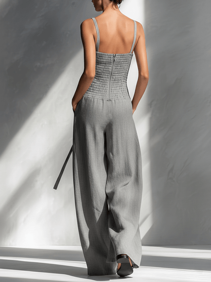 Women's Wide-Leg Tie-Waist Linen Jumpsuit with Adjustable Straps